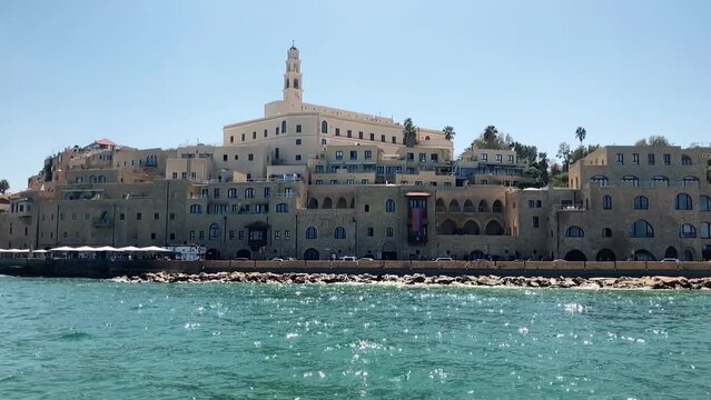 Jaffa. Tel Aviv Israel. Panorama of the ancient Arab city from the sea, Mediterranean yachting.