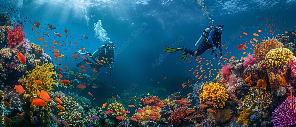 Wall mural divers that dip under the surface enjoy investigate the reef marine life