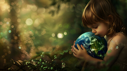 World peace, young boy tenderly holding and embracing the Earth in his hands amidst a lush green...