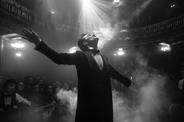 Silhouette of a performer with arms wide open, commanding the stage under a grand chandelier and dramatic stage lights..