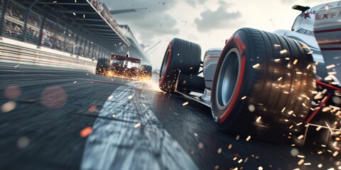 A race car speeds along a racetrack, emitting sparks as it grazes the curb during a high-speed...