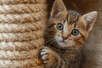 Small kitten curiously peeking out from behind a scratching post