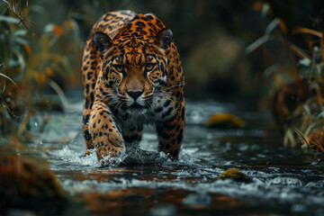 A powerful jaguar stealthily moves forward in shallow water, with intense focus, in its natural jungle habitat..