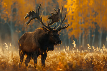 A majestic elk stands in a field with autumn colors, bathed in the warm golden light of sunrise..