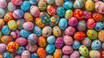 Fototapeta na wymiar Colorful Easter Eggs and Candy on Pastel Pink Background