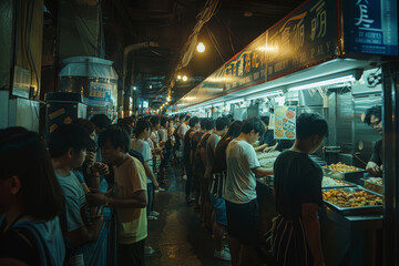 Crowded evening street market with people queuing for diverse Asian street food stalls under glowing lights..