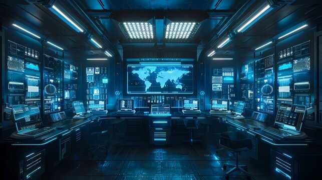 Ein Konrollraum voller Computer und Anzeigen.