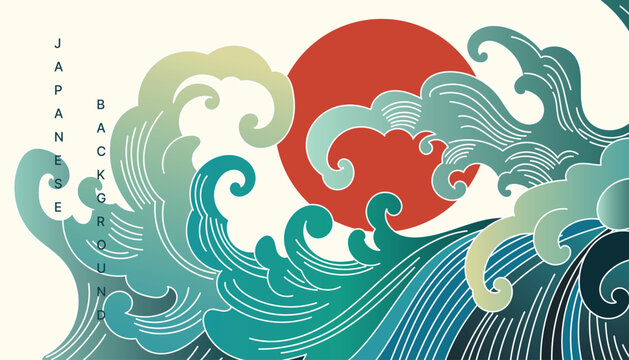 Luxury japanesestyle background vector. Ocean wave and sun wallpaper design with Japanese style line art. Traditional Japanese wave for wall arts, prints and home decoration.