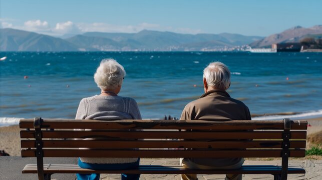 Elderly Couple Enjoying Seaside View From Park Bench