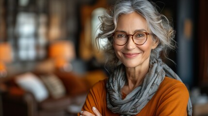 Elegant Senior Woman in Stylish Glasses Smiling Indoors