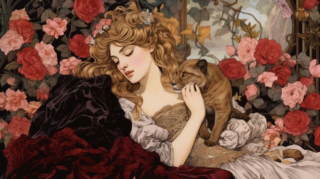 A woman is laying on a bed with a cat on her lap. The bed is covered in red and pink flowers