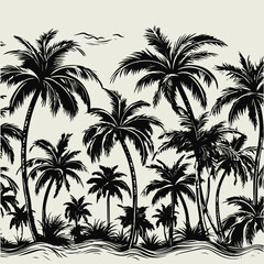 Palm tree silhouettes doodle art with tropical iland summer vacation background design.