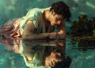 Narcissus in love with his own reflection in the water , narcissism concept - obrazy, fototapety, plakaty