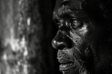 Black and white image capturing the intense emotion of a man with hands on face and a distressed expression.