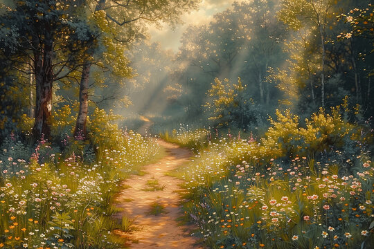 A painting showcasing a path cutting through a dense forest sunlight wallpaper