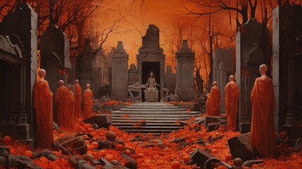 A painting of a graveyard with a statue of Jesus Christ in the middle. The painting is in orange and red tones - obrazy, fototapety, plakaty