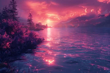Poster Painted sunset or sunrise warm purple and pink colors with reflection in the water wallpaper © alenagurenchuk
