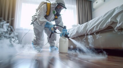 Disinfector in a protective suit and breathing mask spraying bed bug spray in a room - obrazy, fototapety, plakaty