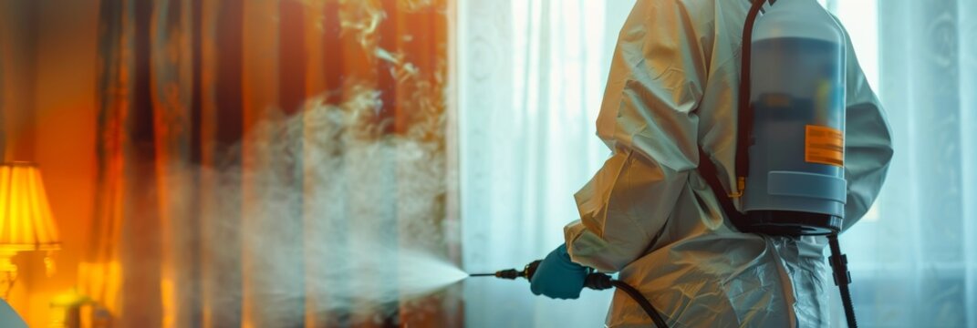 Close-up of a disinfector wearing protective gear, applying bed bug spray in a room