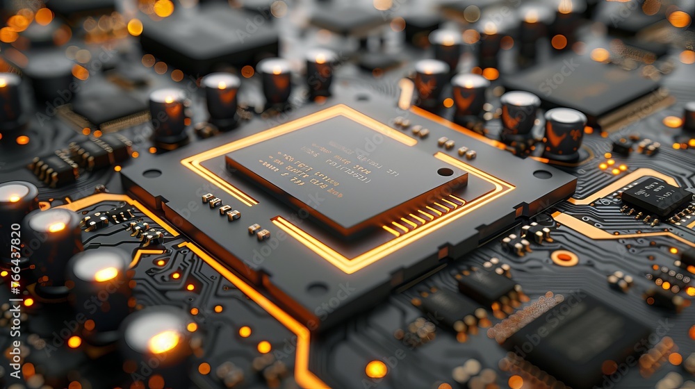 Poster detailed 3d illustration of a high-tech electronic printed circuit board with a processor and microc