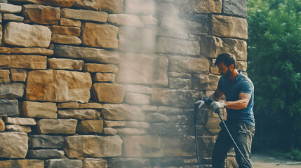 Man Cleaning a Stone Wall with a Power Washing Machine