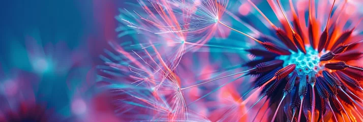 Foto op Plexiglas Macro shot of dandelion seed head on neon background © AlfaSmart