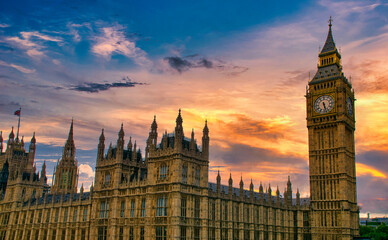 Big Ben and Westminster Palace at sunset in London, UK - obrazy, fototapety, plakaty