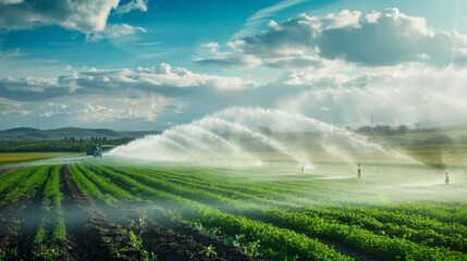 An agricultural field being irrigated by a lateral move system, with the system slowly moving across the field