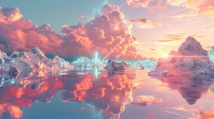 A breathtaking fantasy landscape with crystal ice formations and a serene reflective surface under a pink sky, conveying a sense of otherworldly beauty.