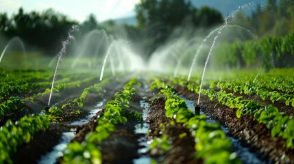 An agricultural field being irrigated by a lateral move system, with the system slowly moving across the field - obrazy, fototapety, plakaty
