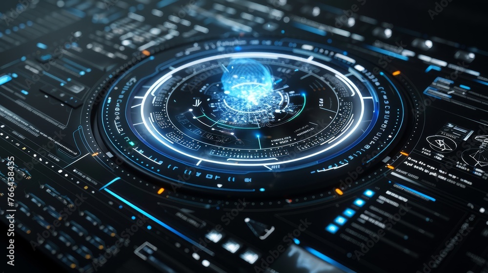 Fototapete a high-tech, futuristic interface featuring holographic display panels, dynamic data analytics, and 