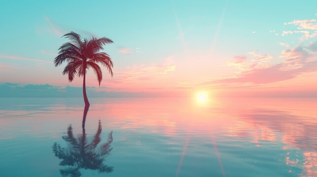 A peaceful tropical sunset scene with a single palm tree standing tall against a backdrop of cotton candy clouds reflected over the smooth surface of calm waters.