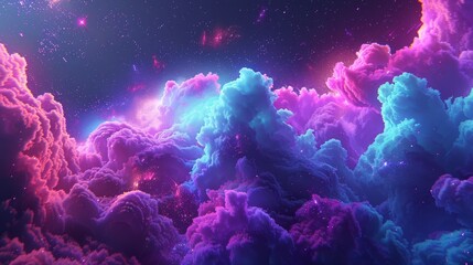 A 3D render of an abstract, colorful nebula, with swirling clouds of vibrant hues--hot pink, electric blue, and neon green--set against a dark cosmic backdrop.