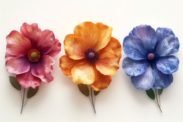 Set of different colored flowers arranged on white background wallpaper