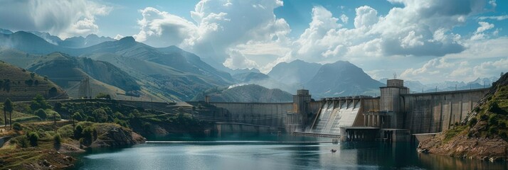 Hydroelectric power station at a dam in a mountainous region - obrazy, fototapety, plakaty