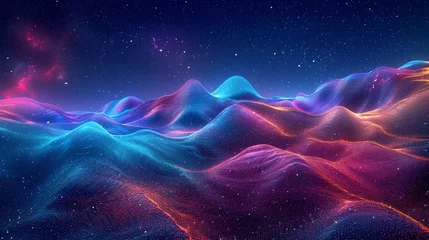 Fotobehang A 3D rendering of an abstract, digital landscape, featuring undulating waves of neon light against a backdrop of deep space with vibrant hues of electric blue, magenta, and neon green © Riz