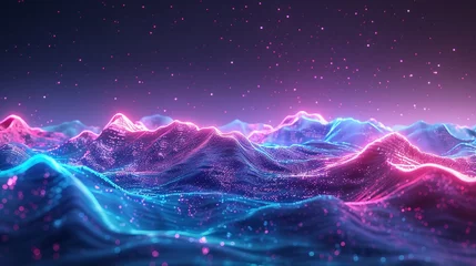 Schilderijen op glas A 3D rendering of an abstract, digital landscape, featuring undulating waves of neon light against a backdrop of deep space with vibrant hues of electric blue, magenta, and neon green © Riz