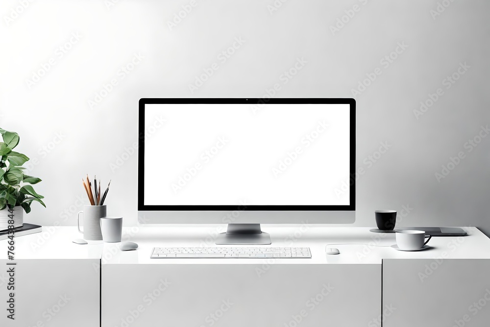 Poster mockup computer screen on a work table in front of a white wall