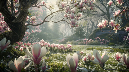 A peaceful garden filled with blooming magnolia trees, their large pink and white flowers creating...