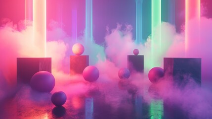 abstract composition of geometric shapes, bathed in the soft glow of neon lights and shrouded in a dreamy, colorful fog.