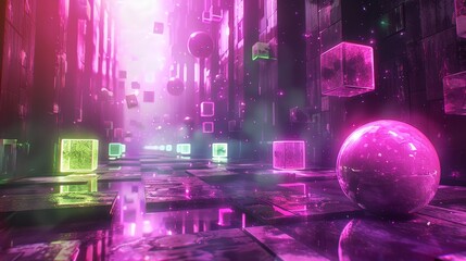 abstract composition of geometric shapes, bathed in the soft glow of neon lights and shrouded in a dreamy, colorful fog.