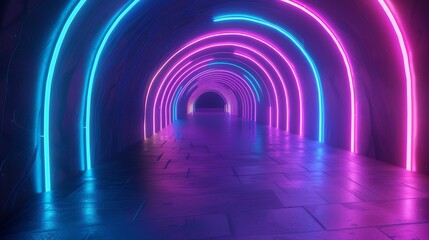 tunnel lined with vibrant neon lights, drawing the viewer into an infinite journey through a futuristic corridor.