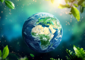 Obraz na płótnie Canvas Planet Earth surrounded by green leaves and sunlight. Earth Day concept. Generated AI