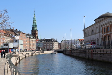View at canal on Houses on Gammel Strand in Copenhagen, Denmark