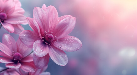 Pink and purple flowers covered with water droplets copy space wallpaper banner