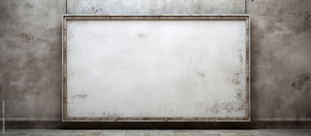 Poster a rectangular glass whiteboard, made of composite material, hangs on a concrete wall. the font used 