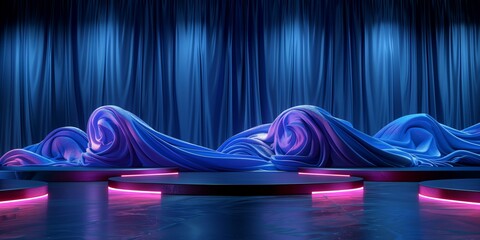 Podium for performance in a theater or concert hall with a fabric curtain and spotlight on a...