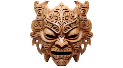 A wooden mask representing a demon with intricate details