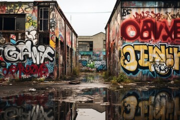 Graffiti tags spelling out messages of hope and resistance, reflecting the resilience and defiance of those living in the ghetto