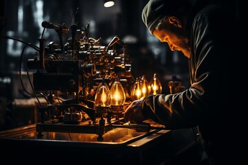 A man, VetalVit Grips, is seen adjusting lighting equipment on a machine in a factory. The setting is dark, with focused work on enhancing the machines performance